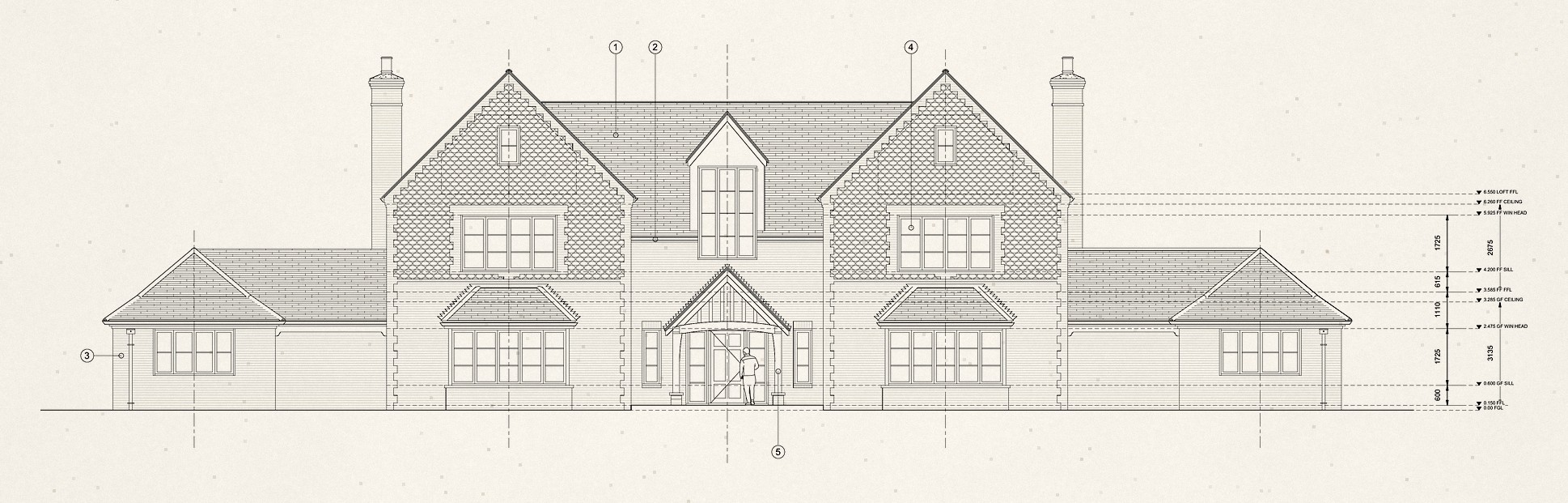 Line drawing of the front elevation: two-storey gabled house with dormers, flanked by single-storey wings
