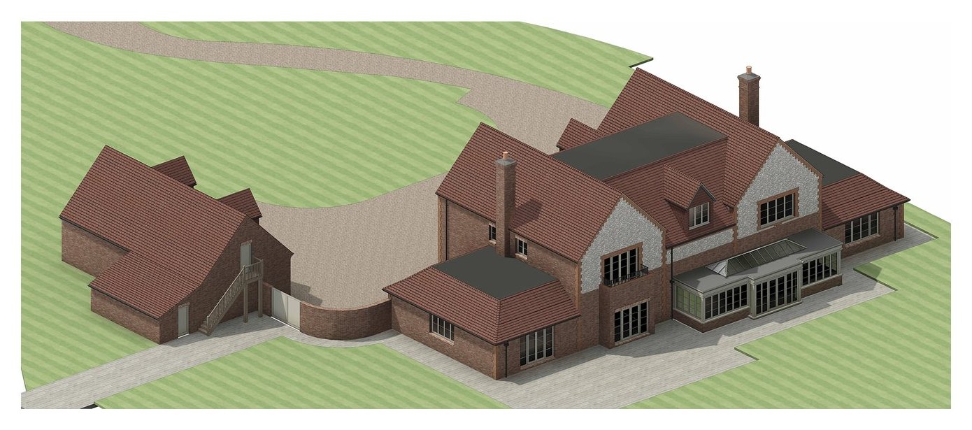 The 3D model of the house, drawn in the studio, showing the main house, garage and annexe on the site