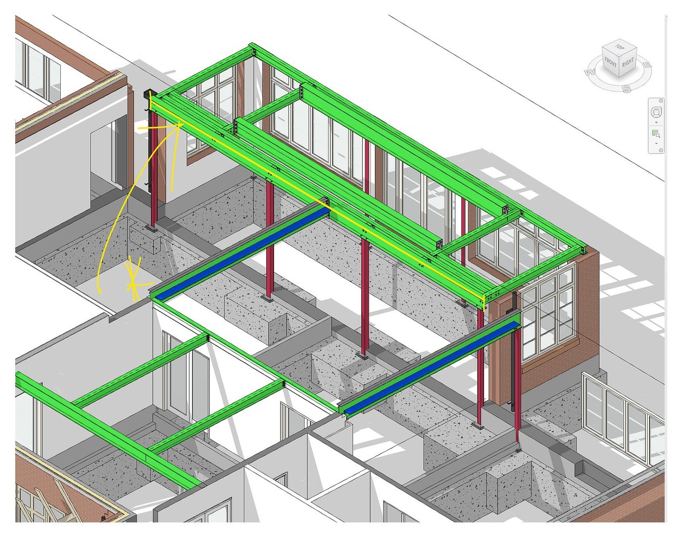Cut-away of the 3D model showing the steel frame and beams coordinated with the engineer