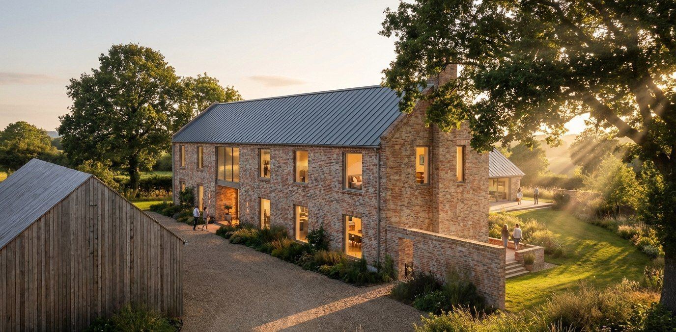 Aerial view of Isham Farm at golden hour — a brick and timber barn-style home with a standing-seam roof, set among mature trees