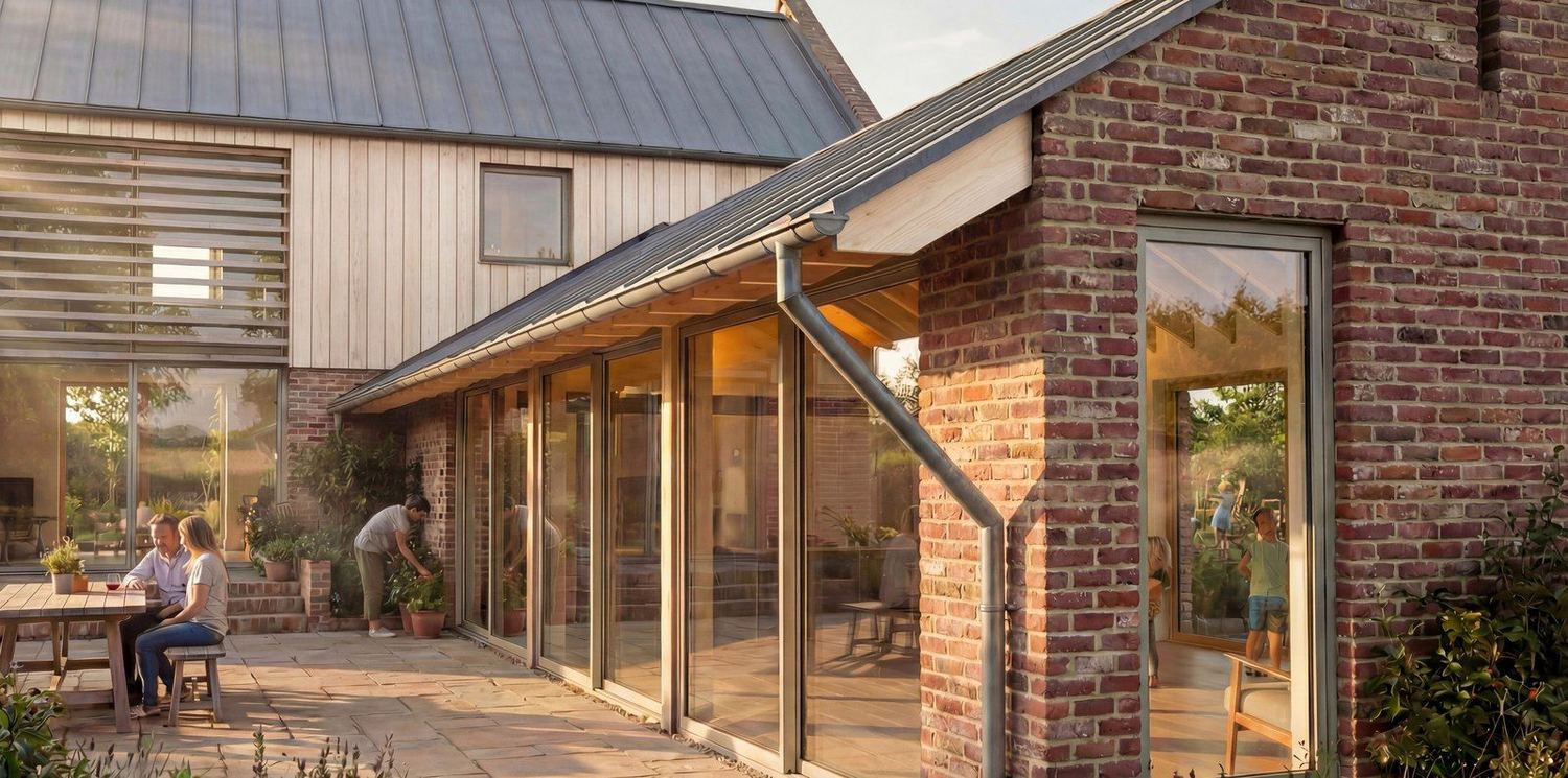 Sheltered courtyard at Isham Farm — the brick garden room with sliding glazed doors opening to stone paving