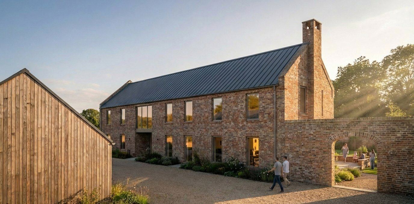 Isham Farm seen from the drive — brick barn form with standing-seam roof, chimney and an arched garden wall