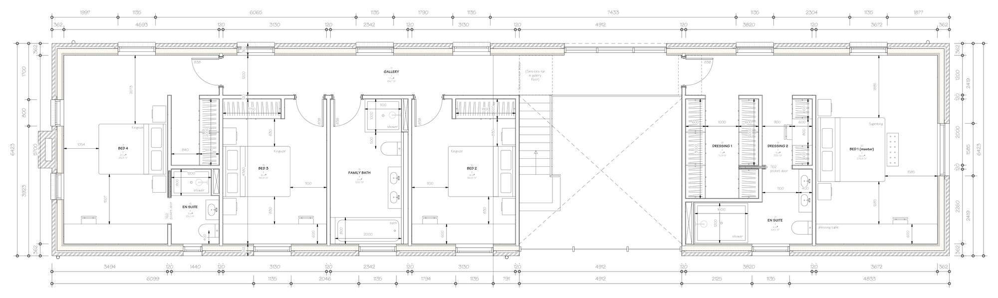 Proposed first floor plan of Isham Farm — four bedrooms, family bathroom, gallery landing and a master suite with dressing rooms