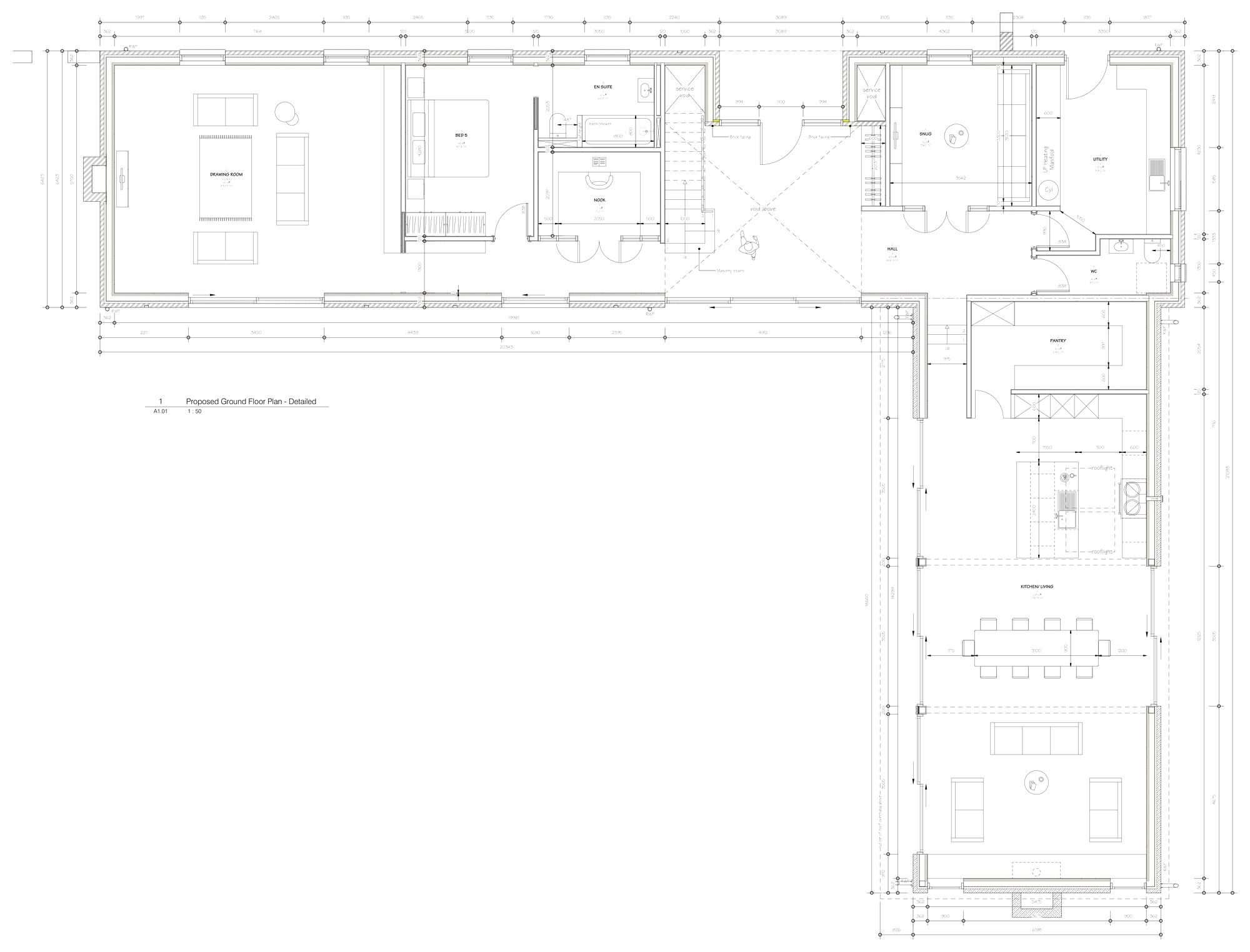 Proposed ground floor plan of Isham Farm — drawing room, bed 5, snug, utility and open-plan kitchen/living wing