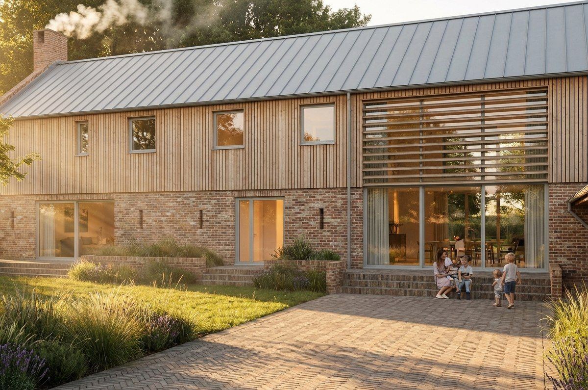 Visualisation of a barn-inspired farmhouse in brick and silvered timber