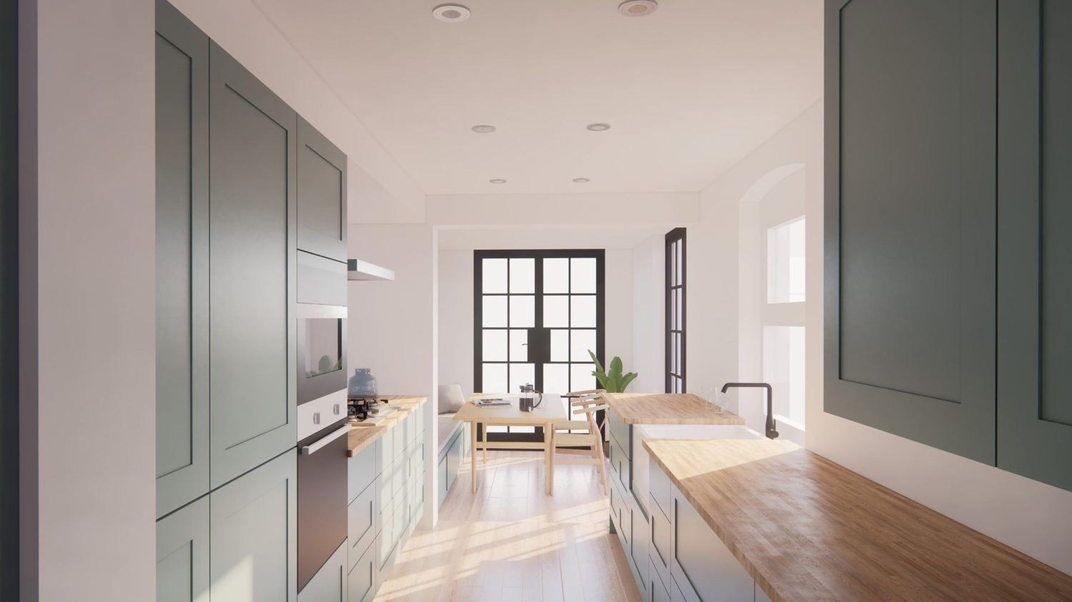 Sage-green kitchen and island