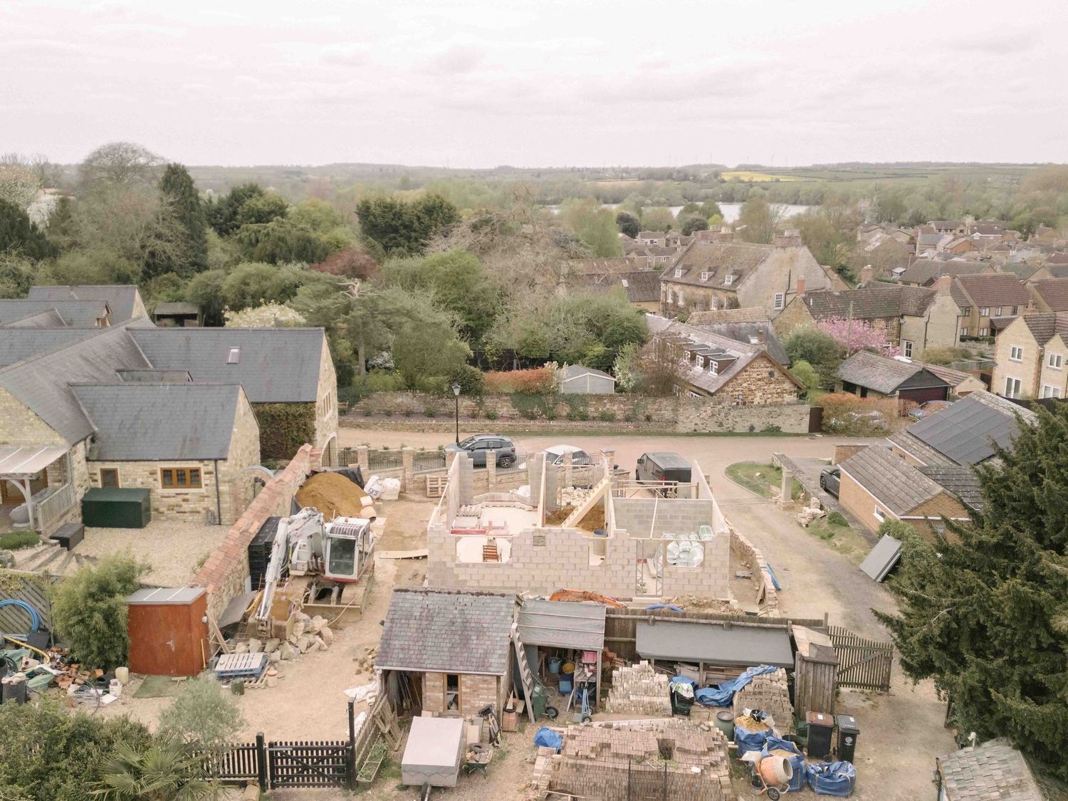 Aerial view of the stone walls under construction