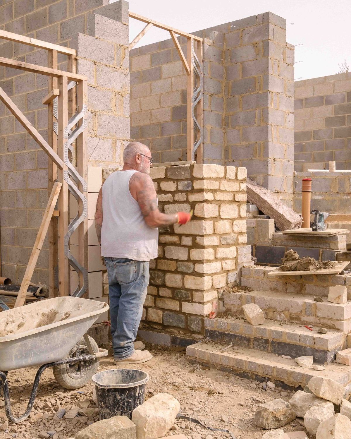 Stonework going up on a new-build in Northamptonshire