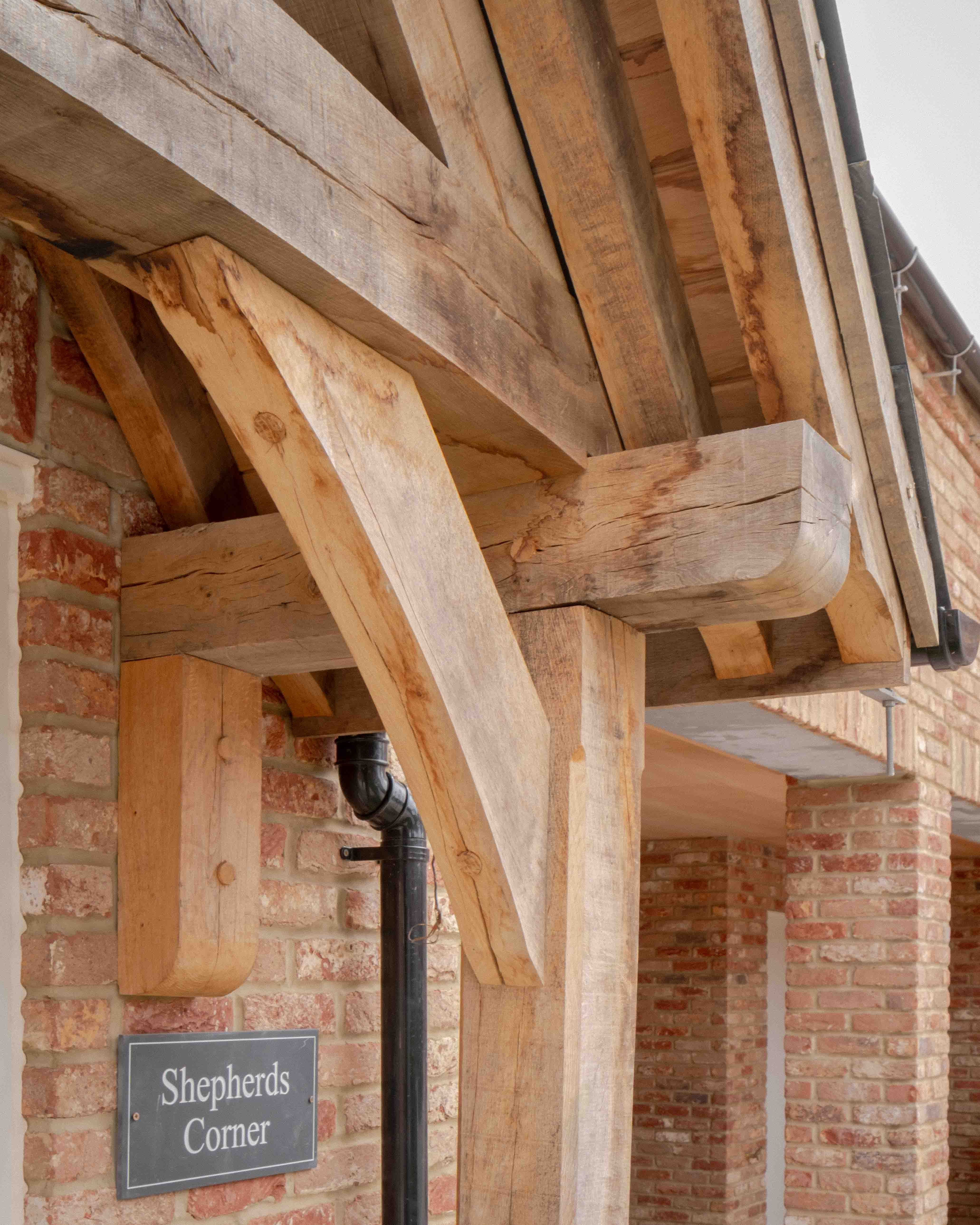 Oak truss and soffit boards from below