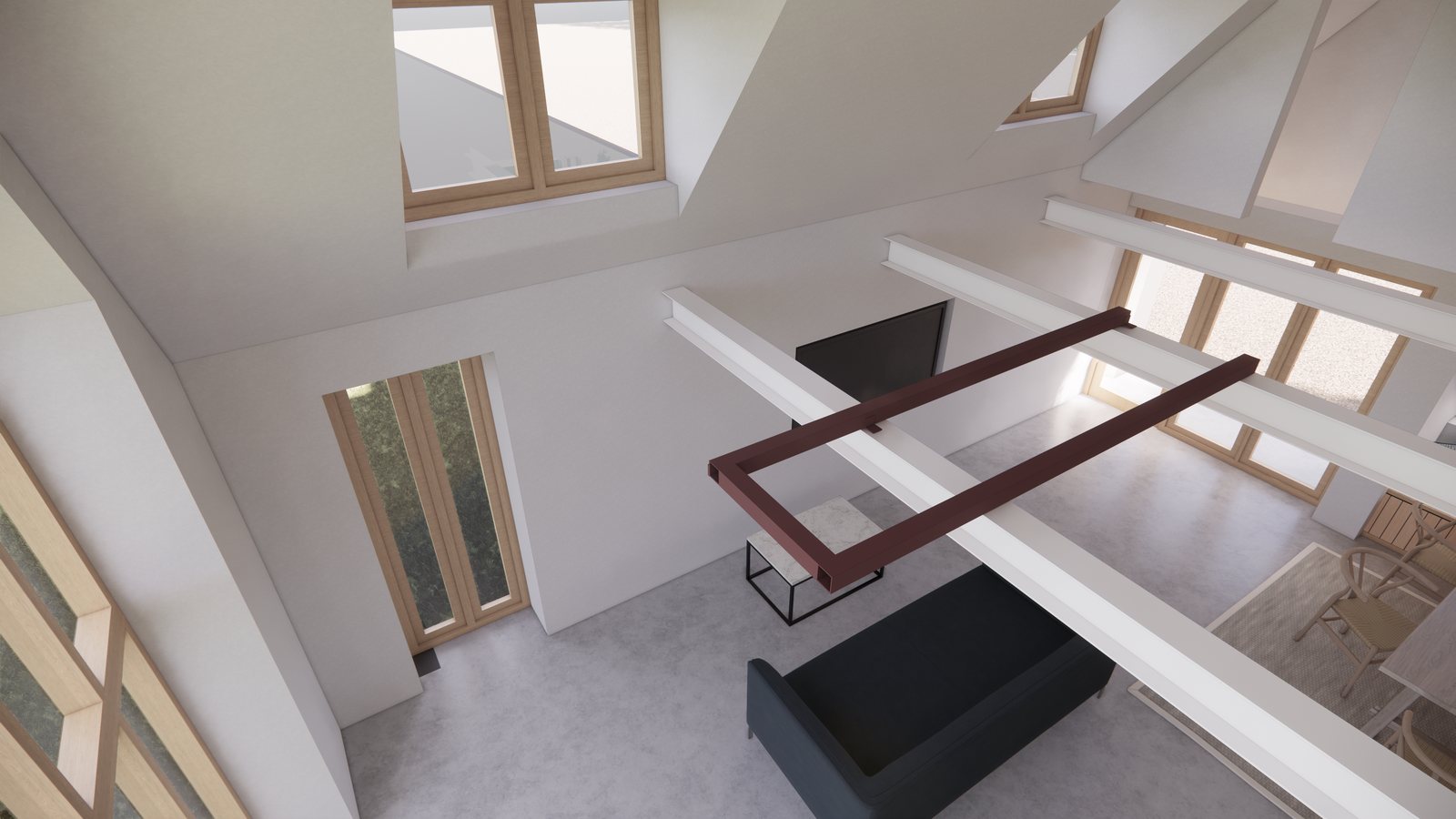 Looking down from the landing, with rooflights above