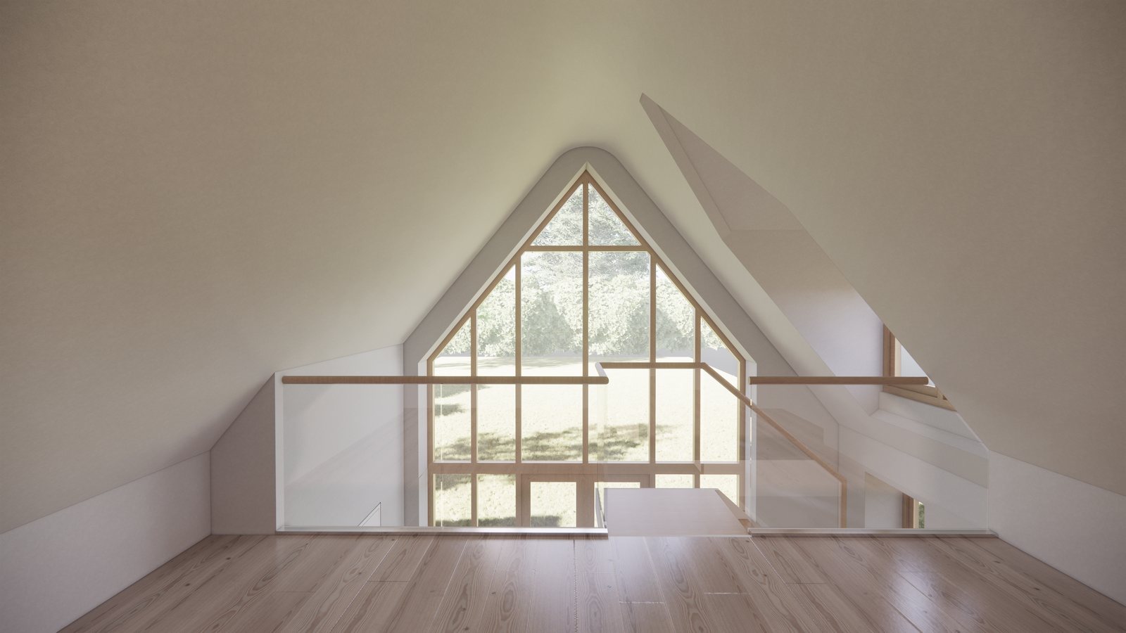 The mezzanine under the glazed gable, looking out to the garden