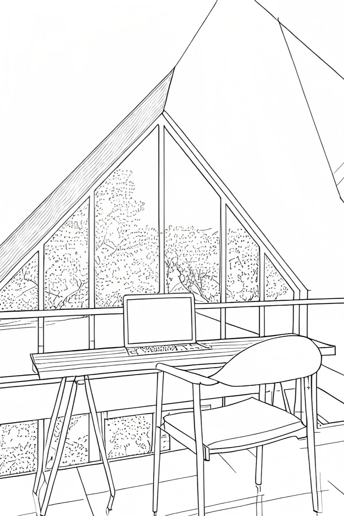 Hand-drawn sketch of the mezzanine desk under the glazed gable