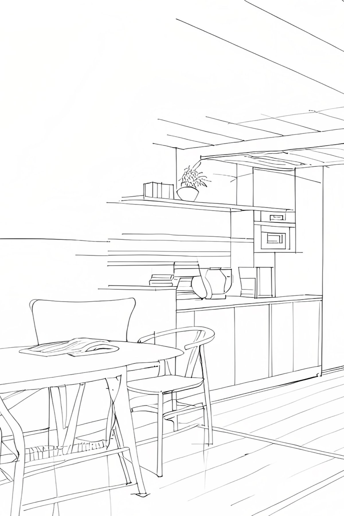 Hand-drawn sketch of the annexe kitchen and dining table