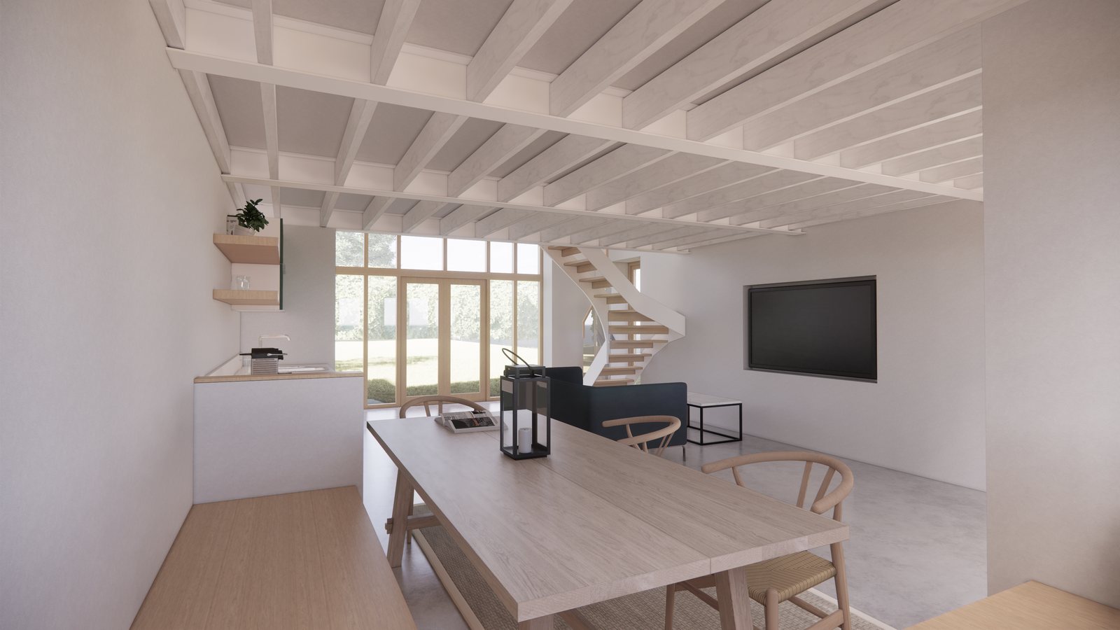 The family room with kitchen, dining table and stair rising to the mezzanine
