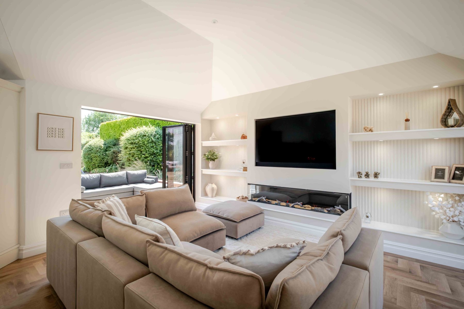 Living area with fireplace and built-in shelving