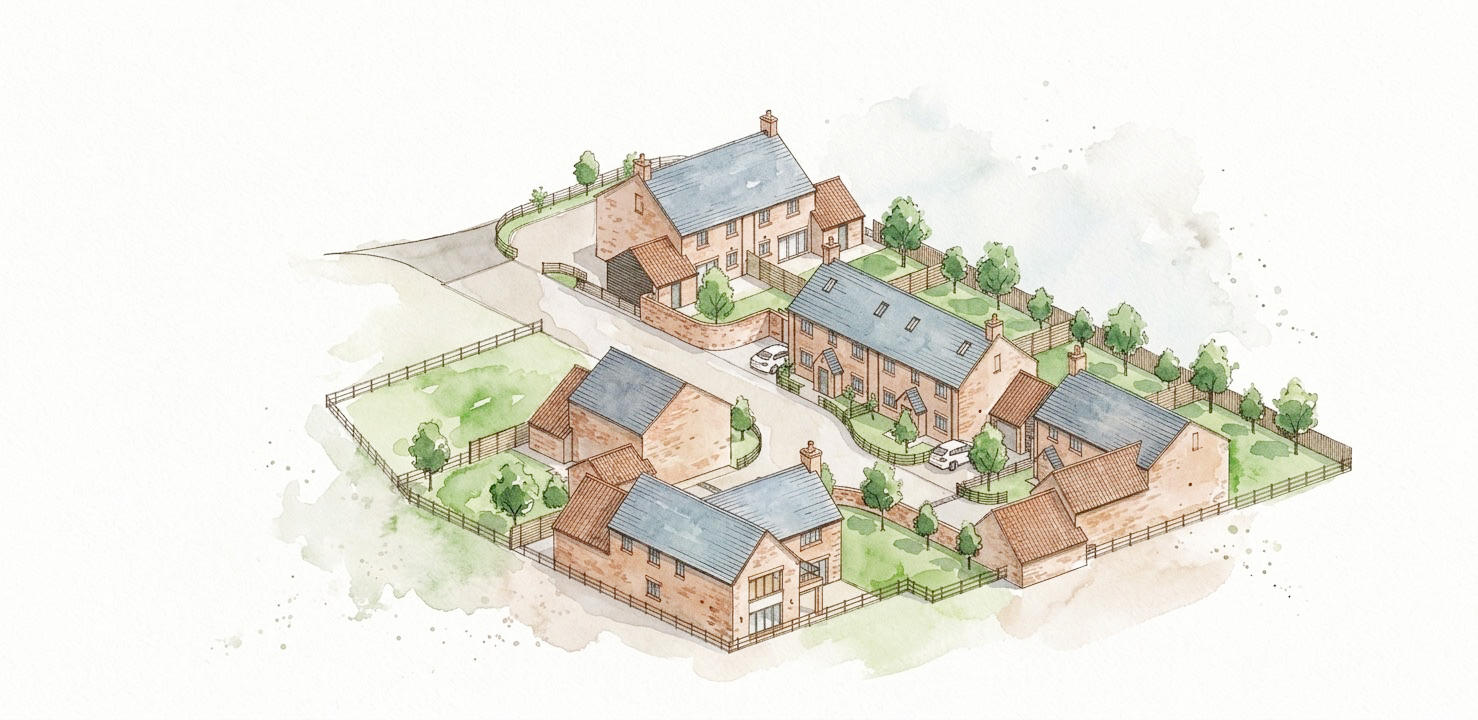 Aerial watercolour illustration of the Bythorn scheme laid out among gardens and trees