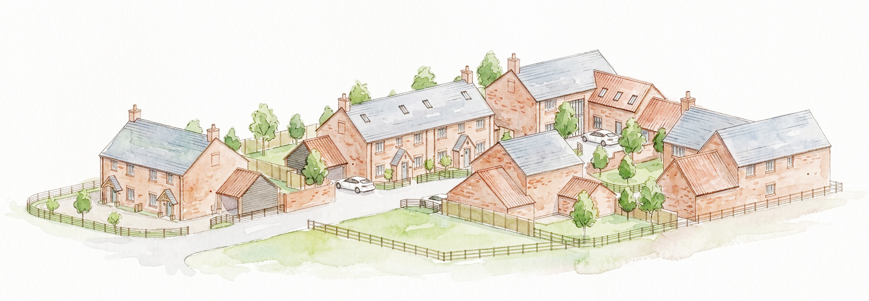 Watercolour illustration of the Bythorn scheme — brick houses with slate roofs along a village street