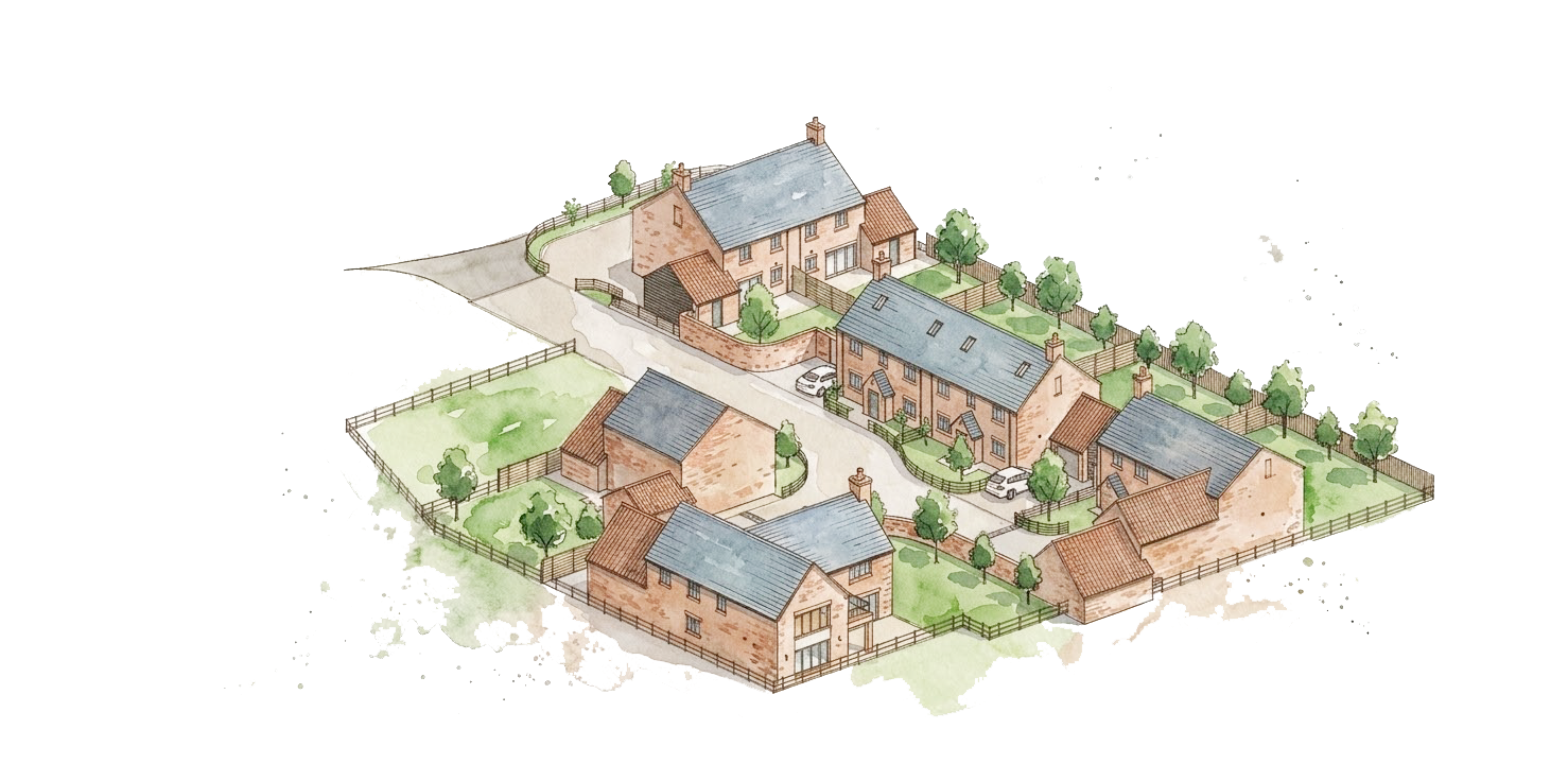 Watercolour of new homes laid out around a farmyard among gardens and trees