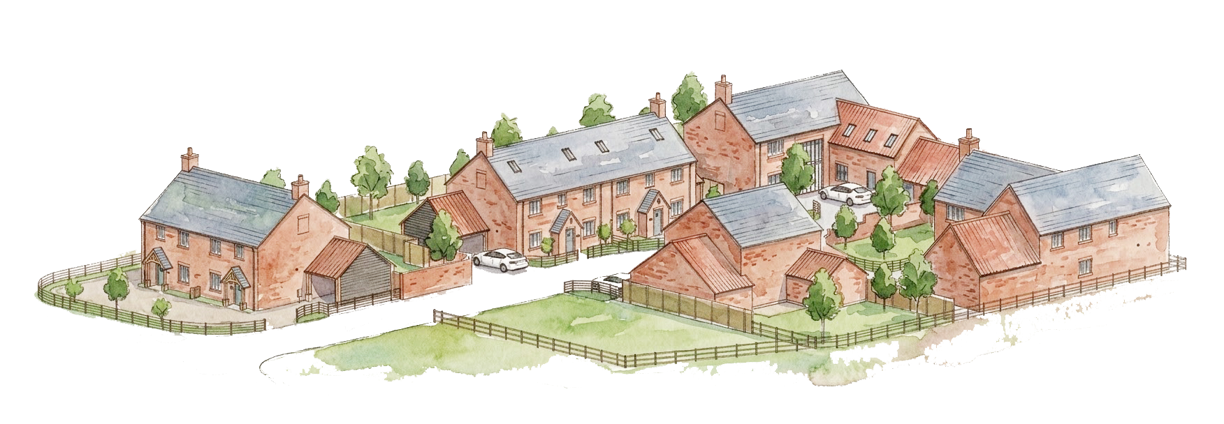 Watercolour of brick houses with slate roofs along a village street
