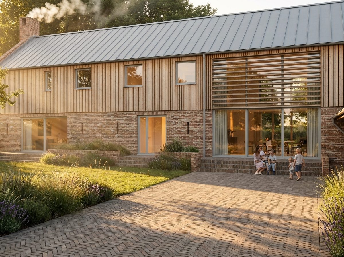Visualisation — timber-and-brick barn home with standing-seam roof at golden hour