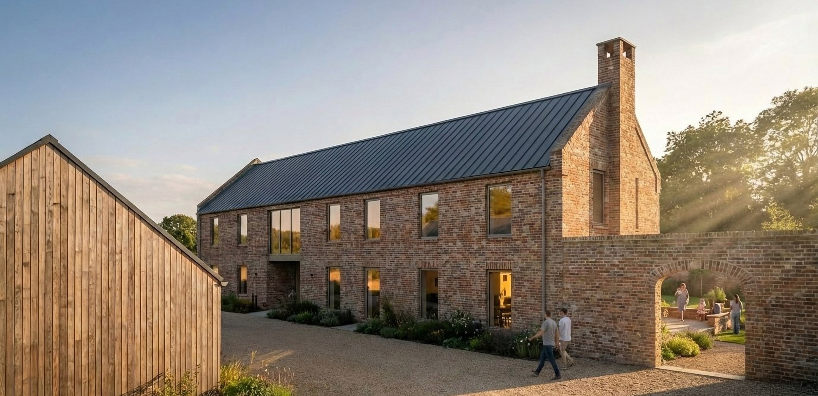 Photoreal 3D visualisation of a brick barn-conversion home with a standing-seam roof, viewed from the drive