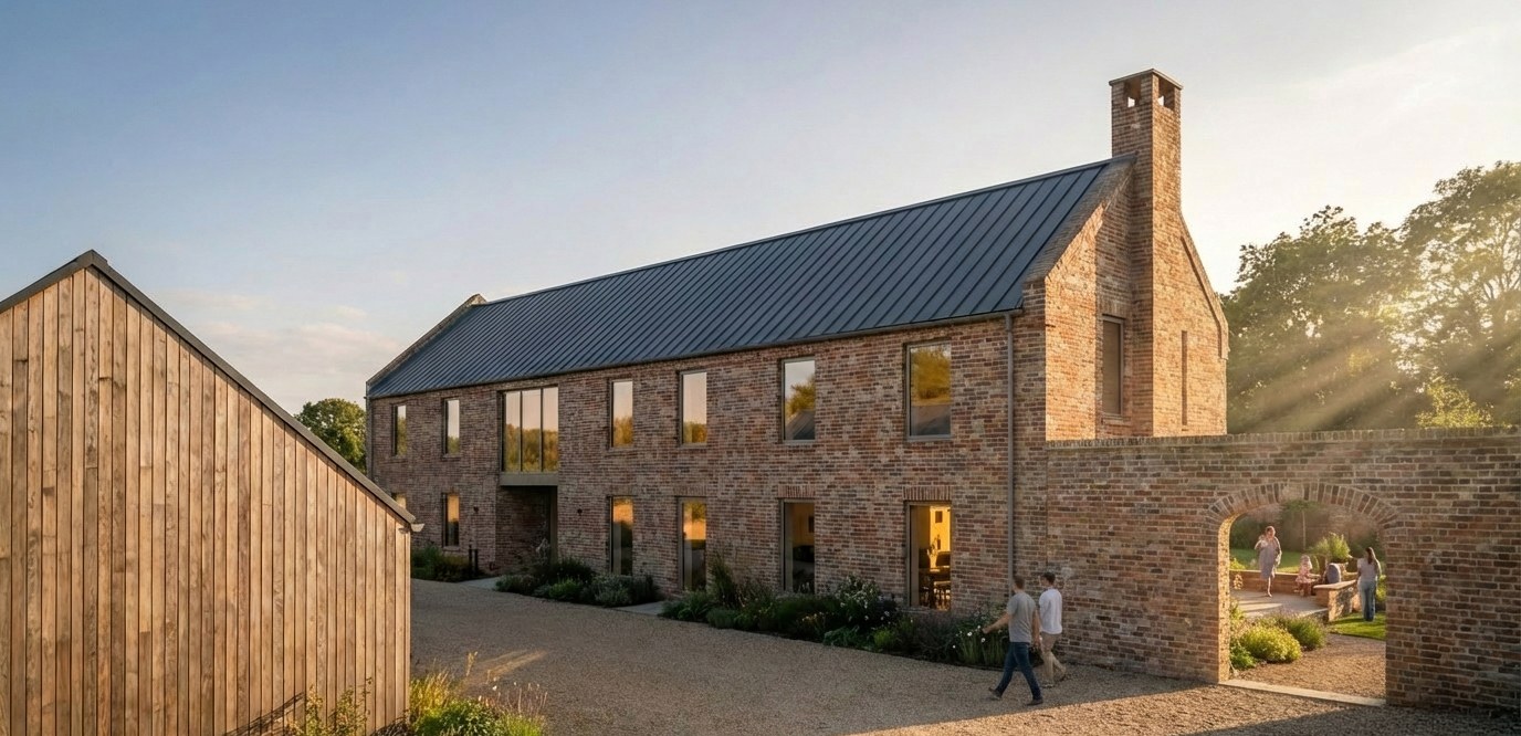 Photoreal 3D visualisation of a brick barn-conversion home with a standing-seam roof, viewed from the drive