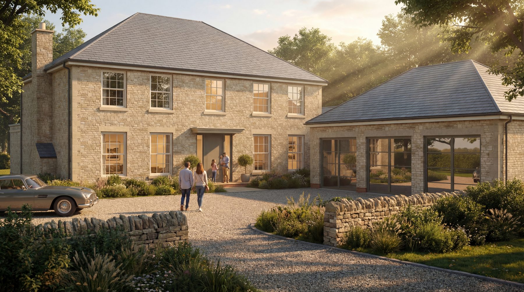 Visualisation — stone house with garage and courtyard