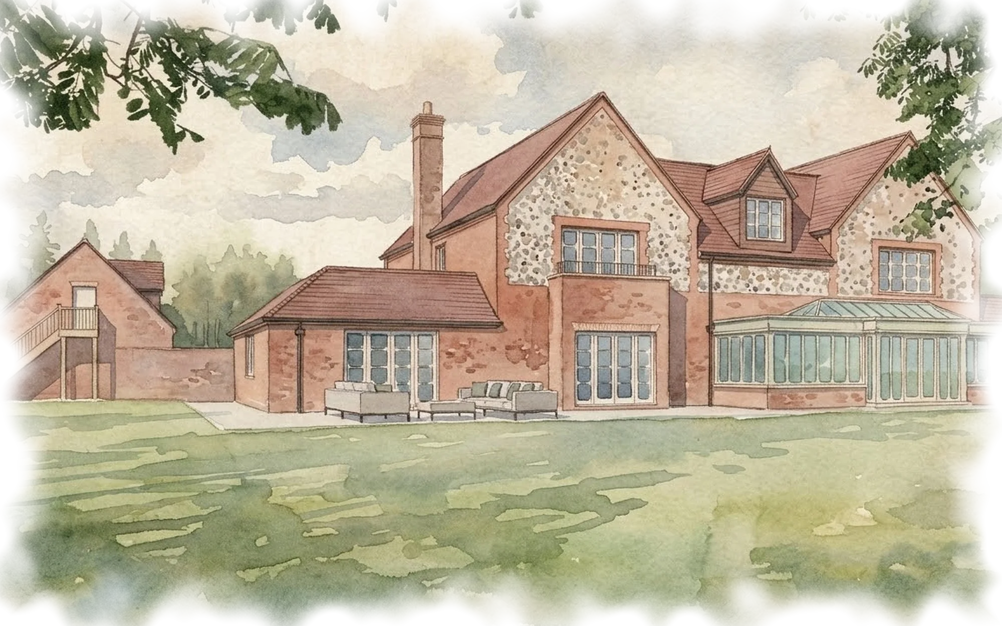 Watercolour of the rear of the house across the lawn, under the trees